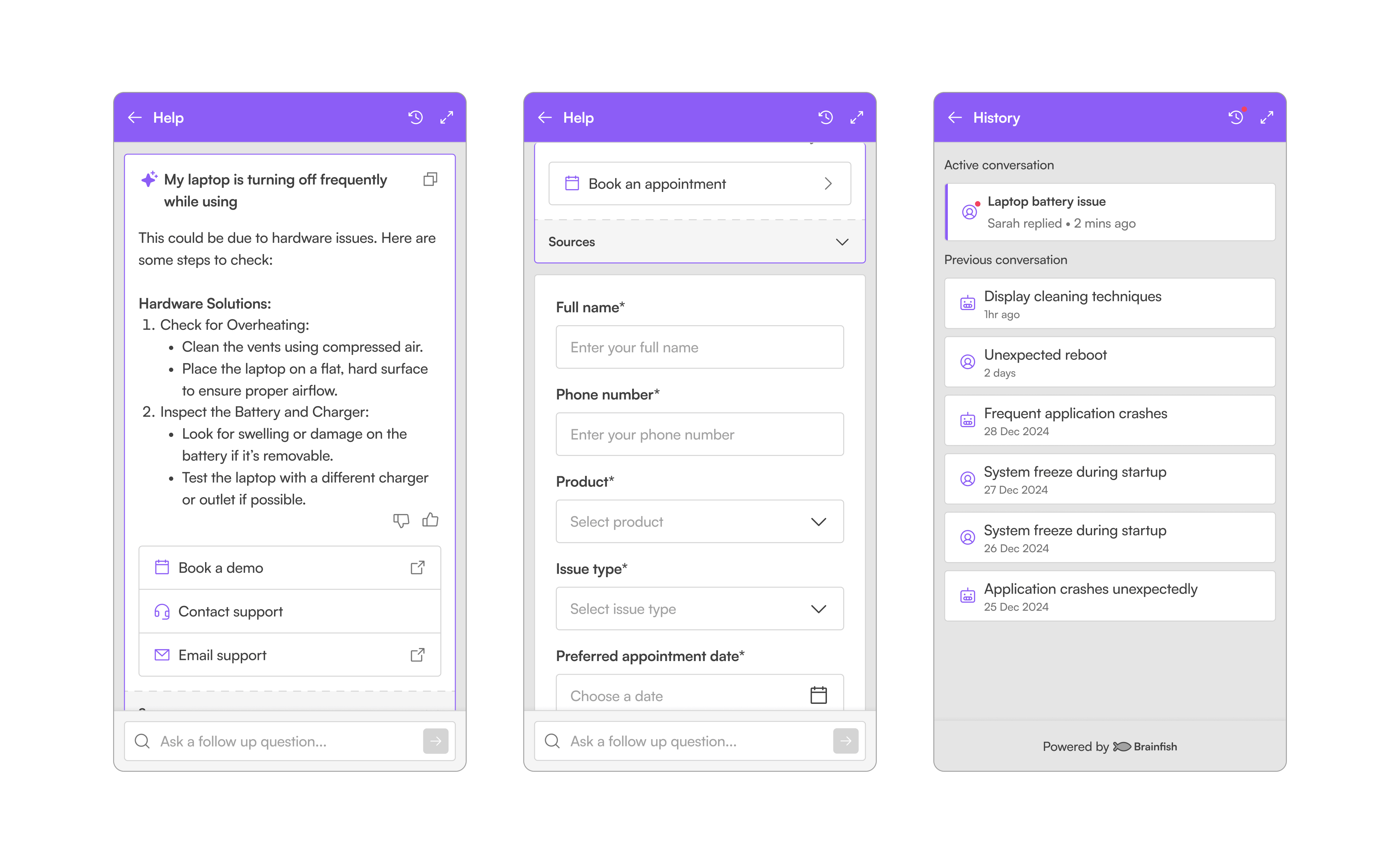 Widget: answer, actions, forms, and history